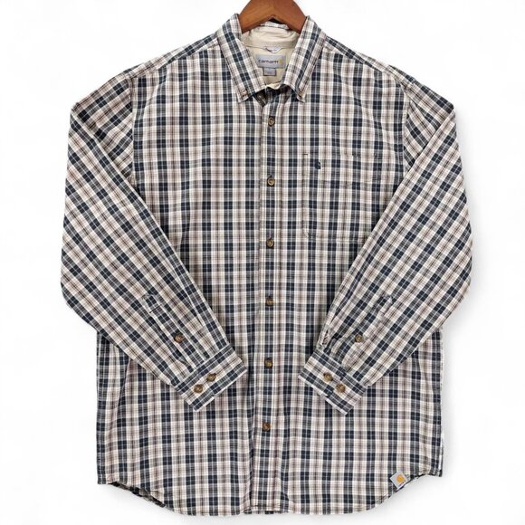Carhartt Shirt Mens Large Beige Blue Plaid Long Sleeve Button Down Casual Cotton - Picture 1 of 8